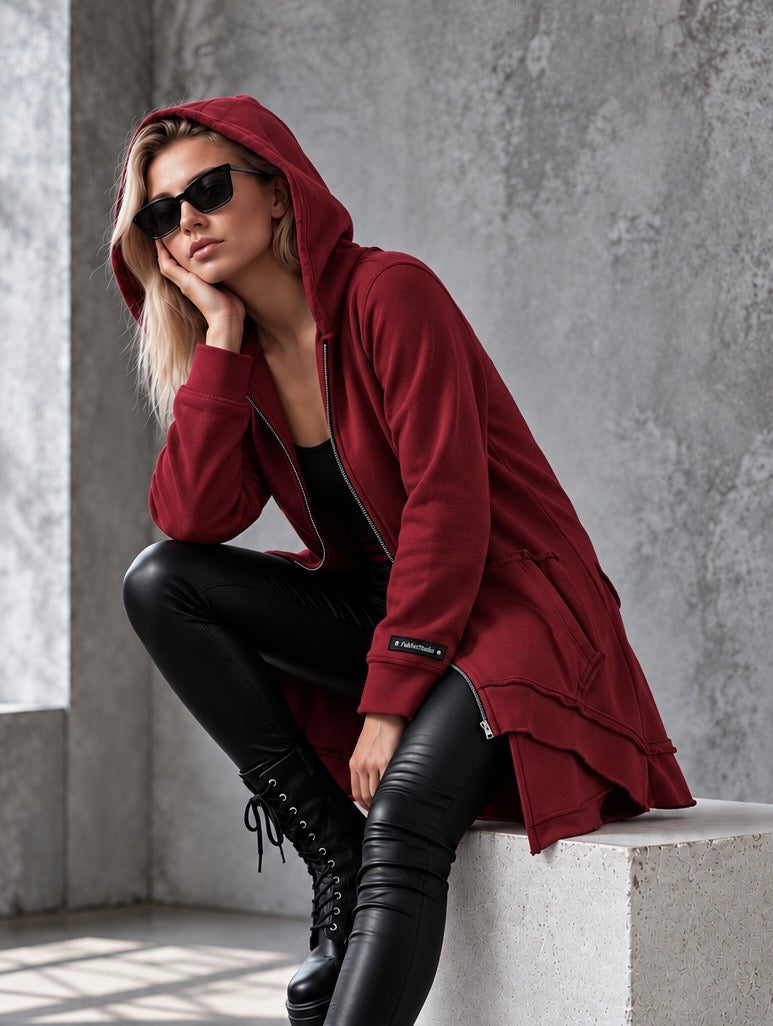 Langes Damen-Sweatshirt mit Kapuze FAB Burgundy