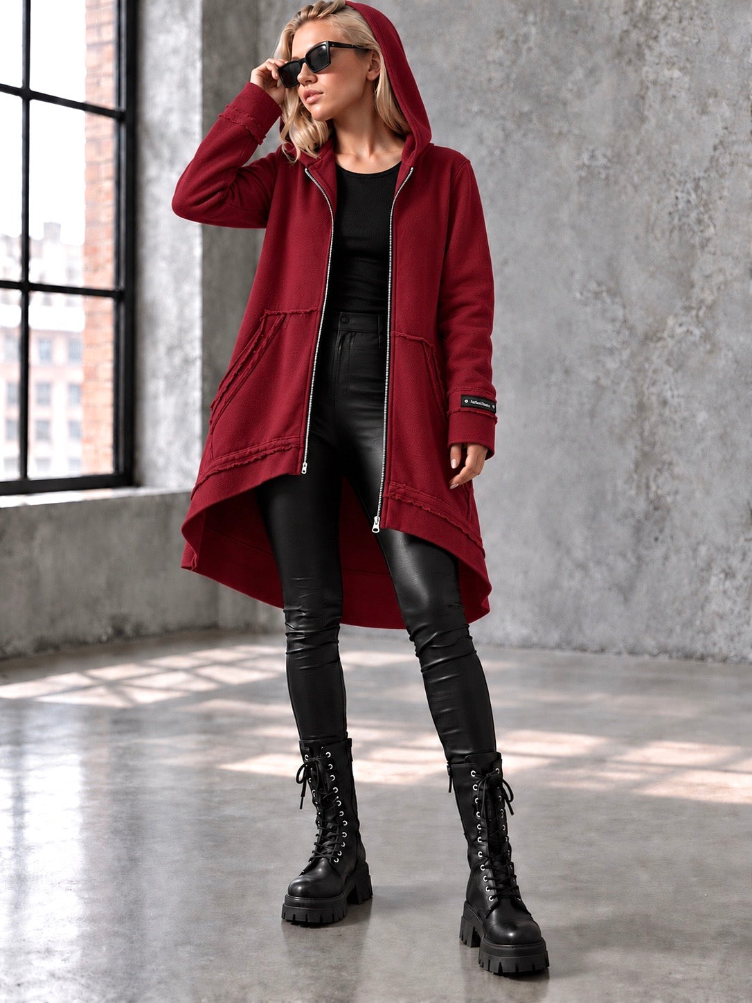 Langes Damen-Sweatshirt mit Kapuze FAB Burgundy