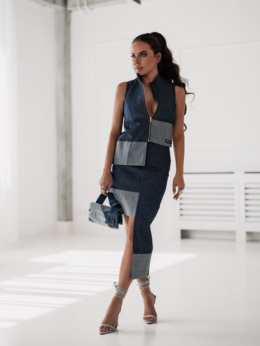 Aсиметричен дънков комплект Denim Diva от пола и елек