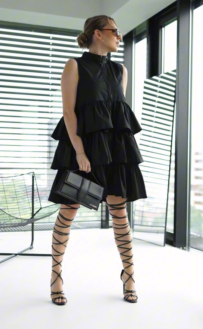Abito a volant con zip Bloom nero