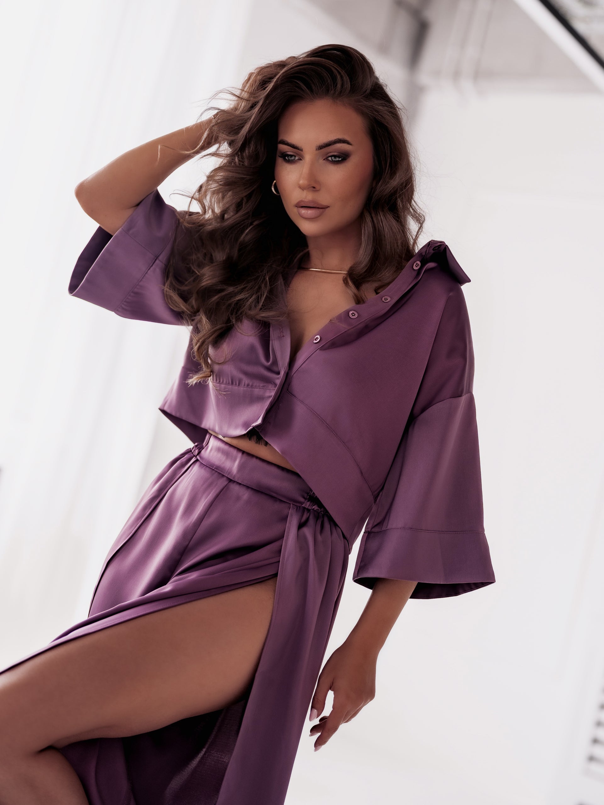 Сатенен сет риза и панталон Boho Violet