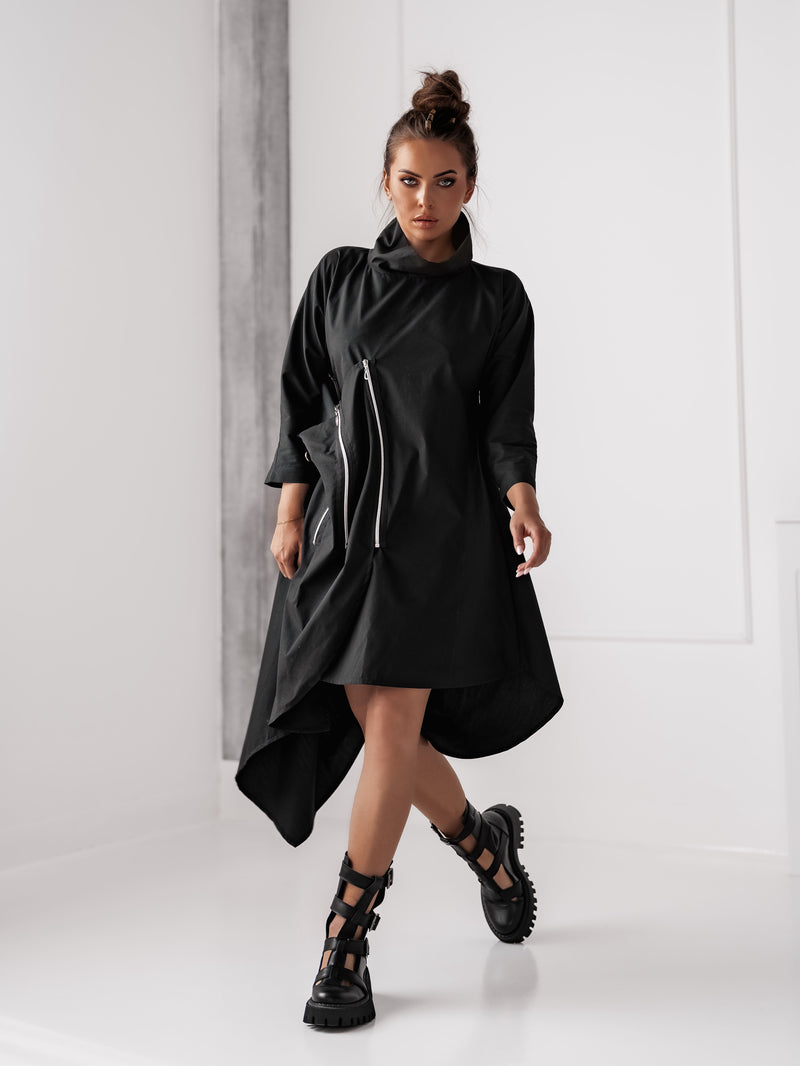 Черна асиметрична рокля с ципове Back to Black
